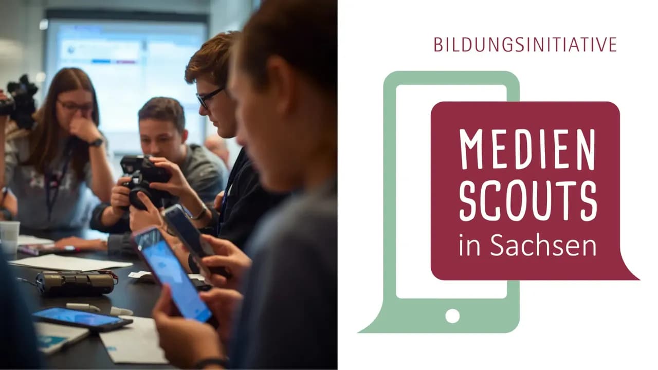 Schülerinnen und Schüler mit digitalen Endgeräten und Logo Initiative Medienscouts in Sachsen