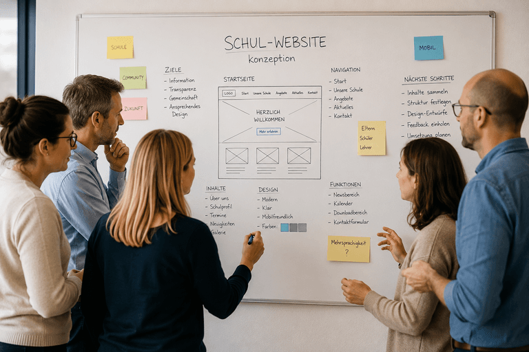 Lehrende stehen vor einem Conceptboard zru Schulwebsite