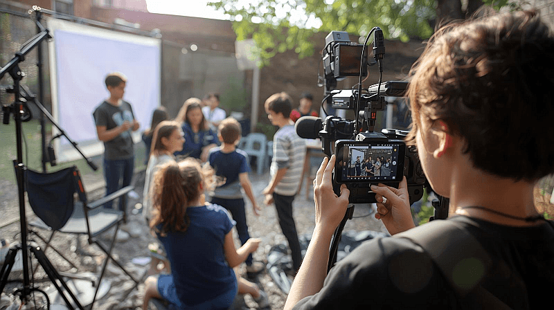 Workshopsszene Schülerinnen und Schüler erarbeiten einen eigenen Film an einem Filmset