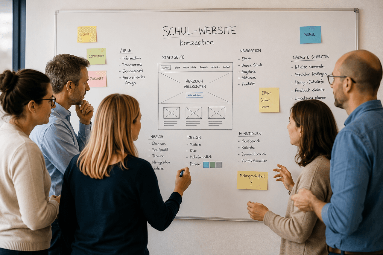 Lehrende stehen vor einem Conceptboard zru Schulwebsite